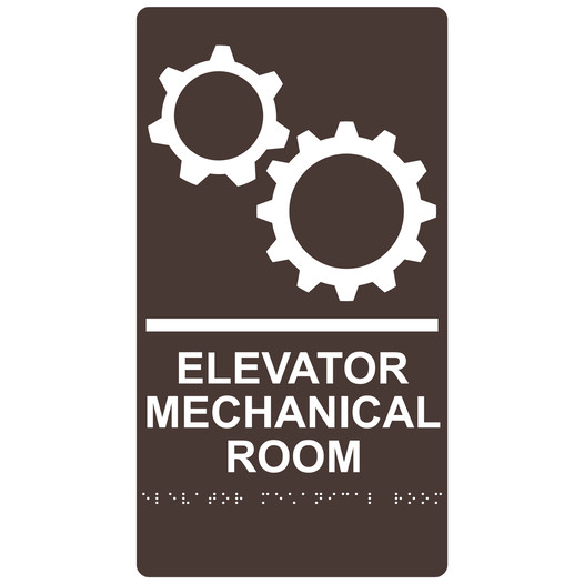 Dark Brown ADA Braille ELEVATOR MECHANICAL ROOM Sign with Symbol RRE-935_White_on_DarkBrown