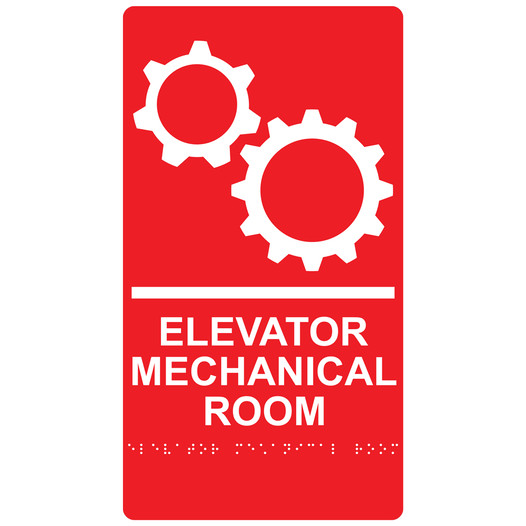 Red ADA Braille ELEVATOR MECHANICAL ROOM Sign with Symbol RRE-935_White_on_Red