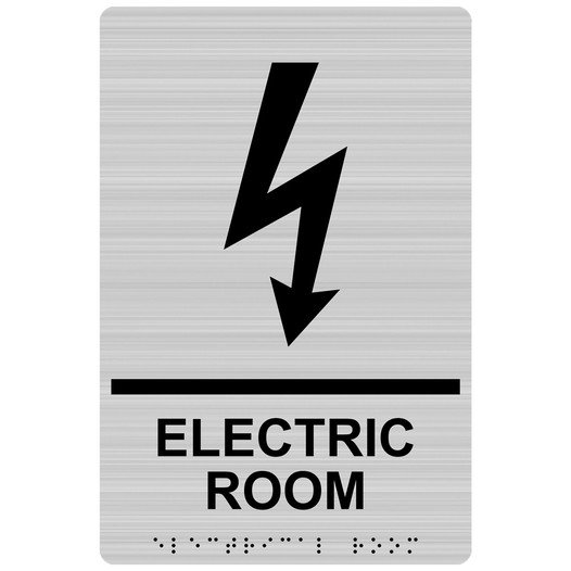 Brushed Silver ADA Braille ELECTRIC ROOM Sign with Symbol RRE-940_Black_on_BrushedSilver
