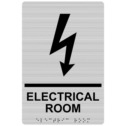 Brushed Silver ADA Braille ELECTRICAL ROOM Sign with Symbol RRE-945_Black_on_BrushedSilver