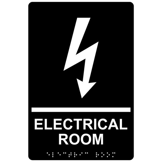 Black ADA Braille ELECTRICAL ROOM Sign with Symbol RRE-945_White_on_Black