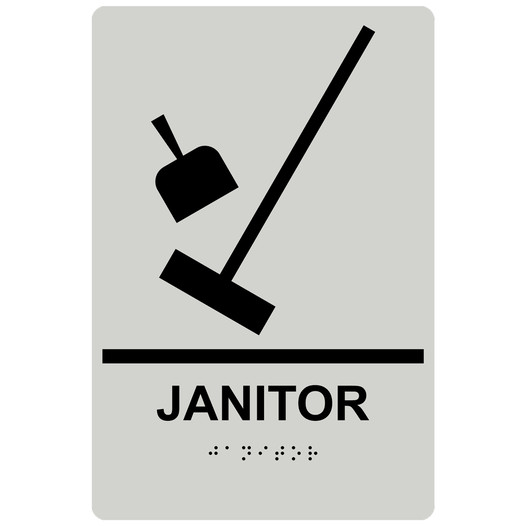 Pearl Gray ADA Braille JANITOR Sign with Symbol RRE-955_Black_on_PearlGray