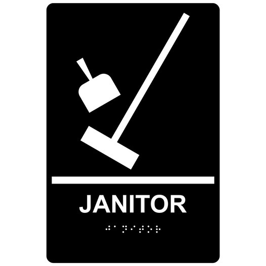 Black ADA Braille JANITOR Sign with Symbol RRE-955_White_on_Black