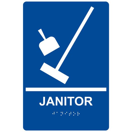 Blue ADA Braille JANITOR Sign with Symbol RRE-955_White_on_Blue