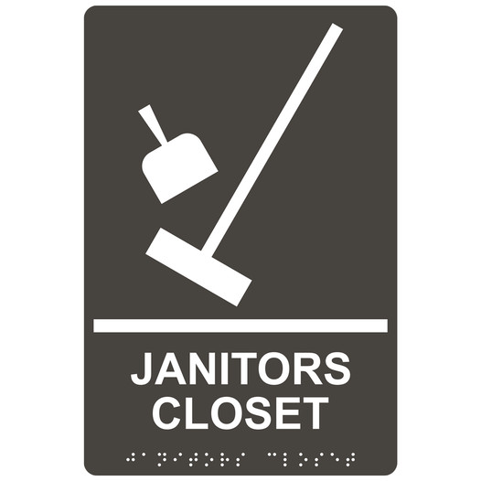 Charcoal Gray ADA Braille JANITORS CLOSET Sign with Symbol RRE-960_White_on_CharcoalGray