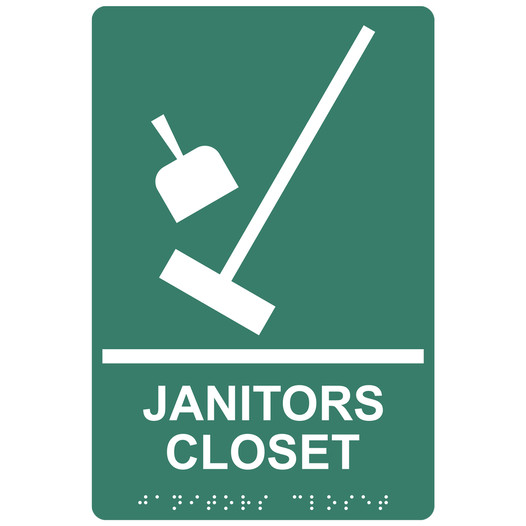 Pine Green ADA Braille JANITORS CLOSET Sign with Symbol RRE-960_White_on_PineGreen