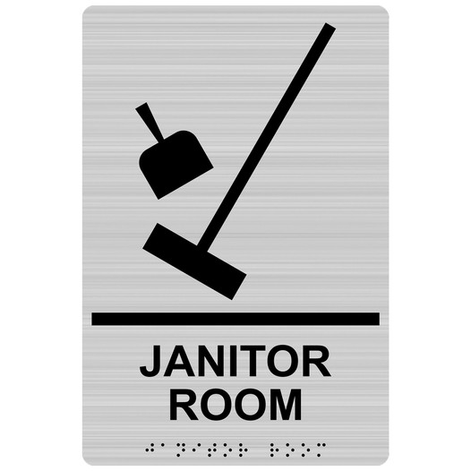 Brushed Silver ADA Braille JANITOR ROOM Sign with Symbol RRE-965_Black_on_BrushedSilver