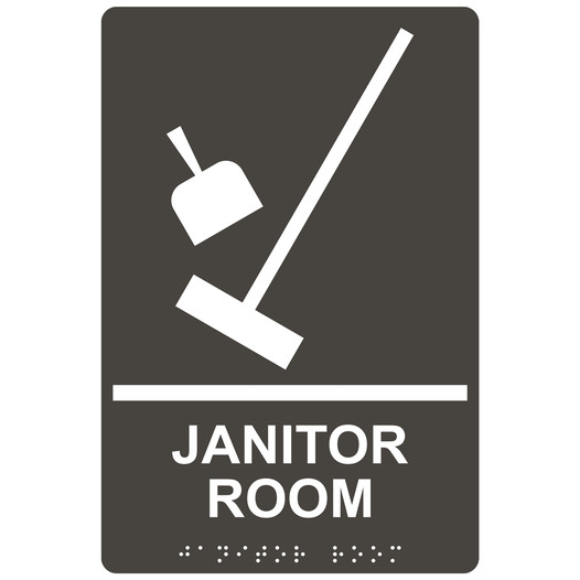 Charcoal Gray ADA Braille JANITOR ROOM Sign with Symbol RRE-965_White_on_CharcoalGray