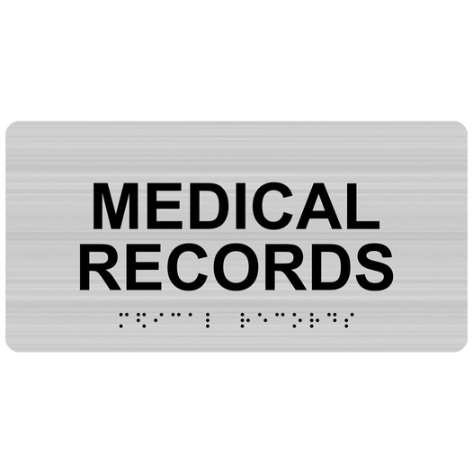 Brushed Silver ADA Braille Medical Records Sign with Tactile Text - RSME-427_Black_on_BrushedSilver