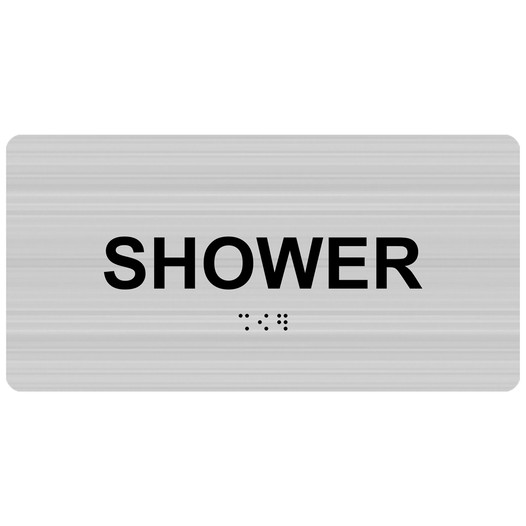 Brushed Silver ADA Braille Shower Sign with Tactile Text - RSME-563_Black_on_BrushedSilver