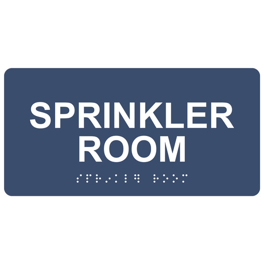 Navy ADA Braille Sprinkler Room Sign with White Tactile Text