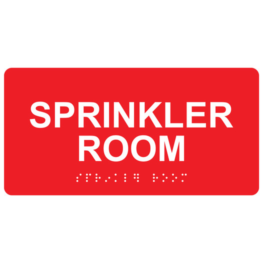 Red ADA Braille Sprinkler Room Sign with Tactile Text - RSME-567_White_on_Red