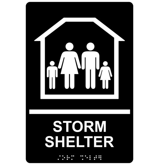 Black ADA Braille STORM SHELTER Sign with Family Symbol RRE-14836_White_on_Black