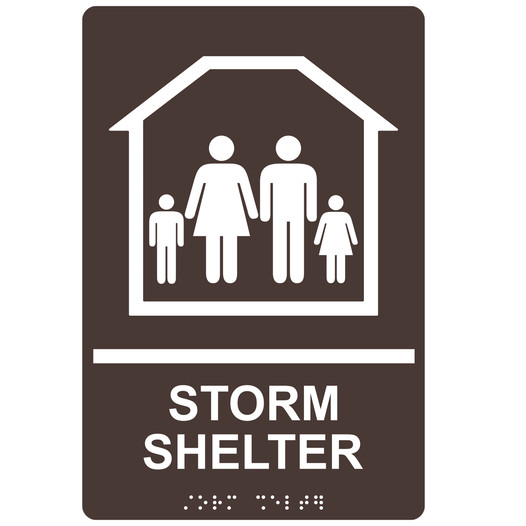 Dark Brown ADA Braille STORM SHELTER Sign with Family Symbol RRE-14836_White_on_DarkBrown