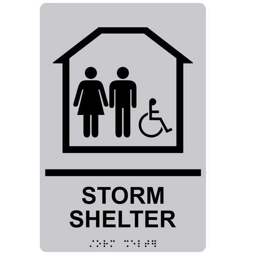 Silver ADA Braille Accessible STORM SHELTER Sign with Symbol RRE-14837_Black_on_Silver