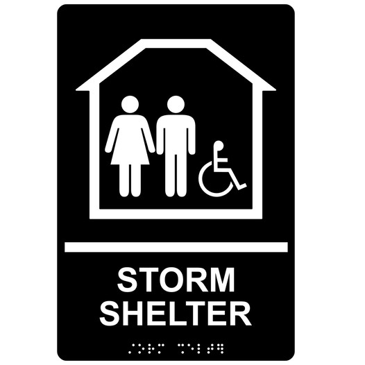Black ADA Braille Accessible STORM SHELTER Sign with Symbol RRE-14837_White_on_Black