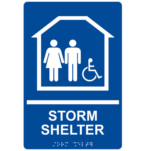 Blue ADA Braille Accessible STORM SHELTER Sign with Symbol RRE-14837_White_on_Blue