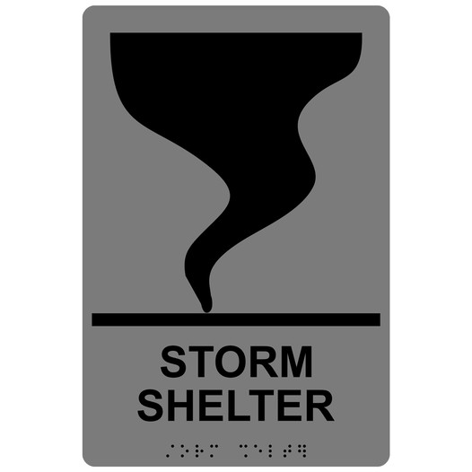 Gray ADA Braille STORM SHELTER Sign with Tornado Symbol RRE-14838_Black_on_Gray