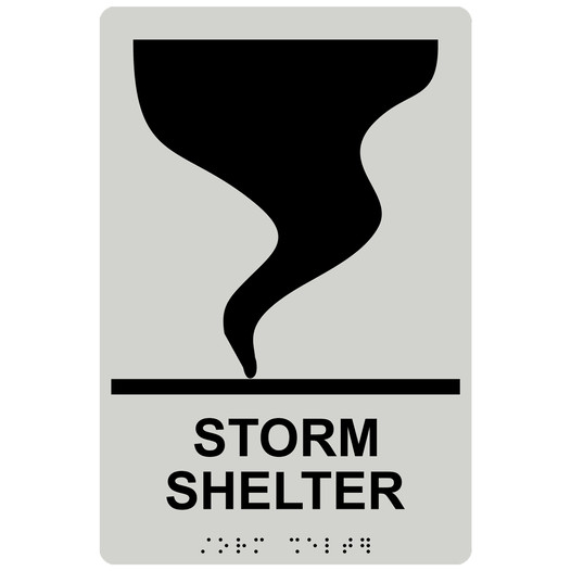 Pearl Gray ADA Braille STORM SHELTER Sign with Tornado Symbol RRE-14838_Black_on_PearlGray