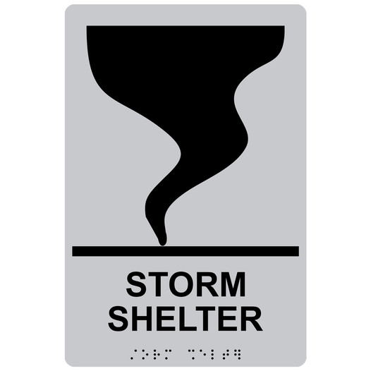 Silver ADA Braille STORM SHELTER Sign with Tornado Symbol RRE-14838_Black_on_Silver