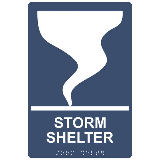 Navy ADA Braille STORM SHELTER Sign with Tornado Symbol RRE-14838_White_on_Navy