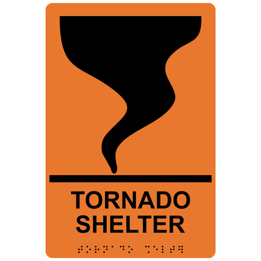 Orange ADA Braille TORNADO SHELTER Sign with Symbol RRE-14840_Black_on_Orange