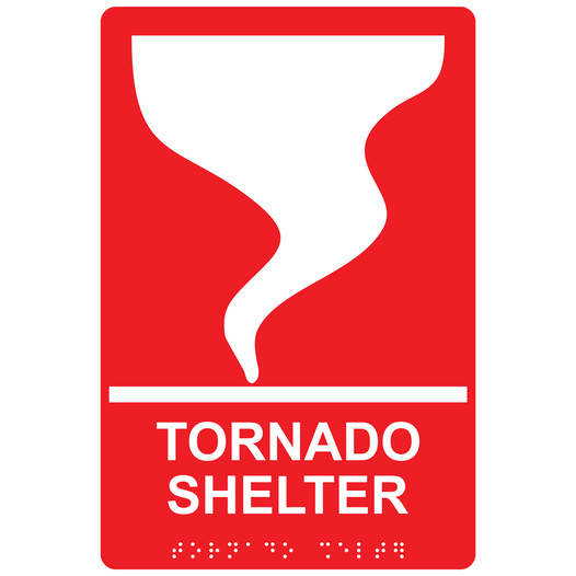 Red ADA Braille TORNADO SHELTER Sign with Symbol RRE-14840_White_on_Red
