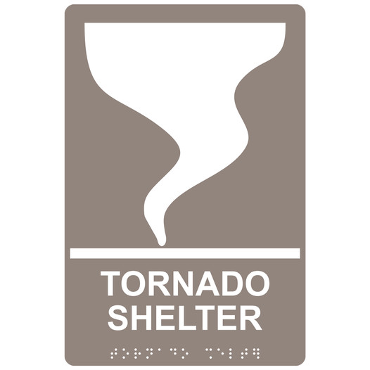 Taupe ADA Braille TORNADO SHELTER Sign with Symbol RRE-14840_White_on_Taupe