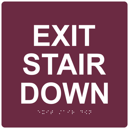 Burgundy 9-Inch Square ADA Braille EXIT STAIR DOWN Sign RRE-670-99_White_on_Burgundy