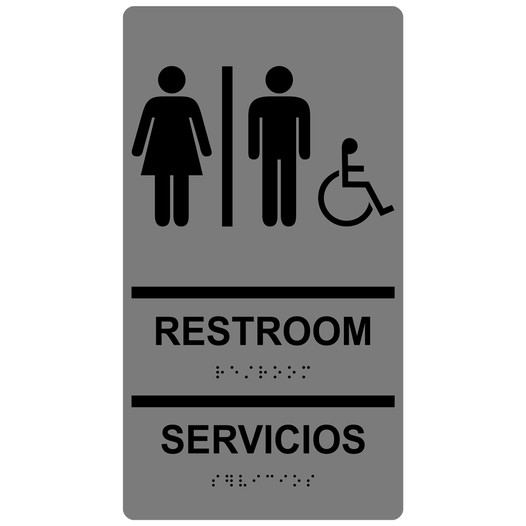 Gray ADA Braille Accessible RESTROOMS - SERVICIOS Sign RRB-120_Black_on_Gray