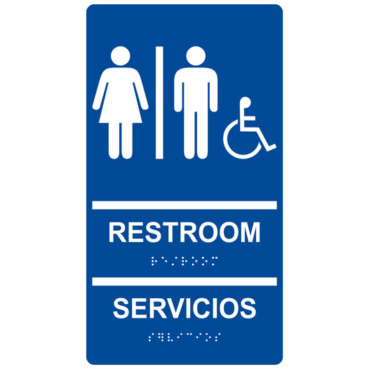 Blue ADA Braille Accessible RESTROOMS - SERVICIOS Sign RRB-120_White_on_Blue