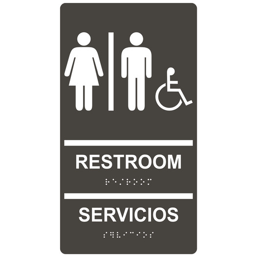 Charcoal Gray ADA Braille Accessible RESTROOMS - SERVICIOS Sign RRB-120_White_on_CharcoalGray