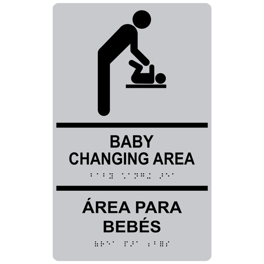 Silver ADA Braille BABY CHANGING AREA - ÁREA PARA BEBÉS Sign RRB-175_Black_on_Silver