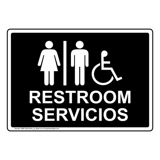 Black Accessible RESTROOM - SERVICIOS Sign With Symbol RRB-7030-White_on_Black