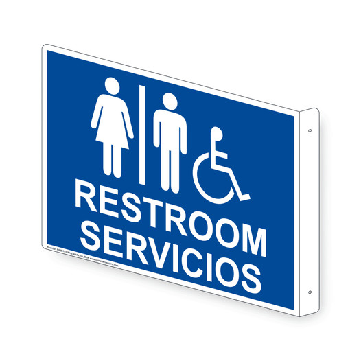 Projection-Mount Blue Accessible RESTROOM - SERVICIOS Sign With Symbol RRB-7030Proj-White_on_Blue