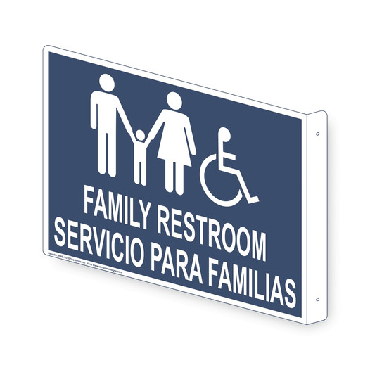 Projection-Mount Navy Accessible FAMILY RESTROOM - SERVICIO PARA FAMILIAS Sign With Symbol