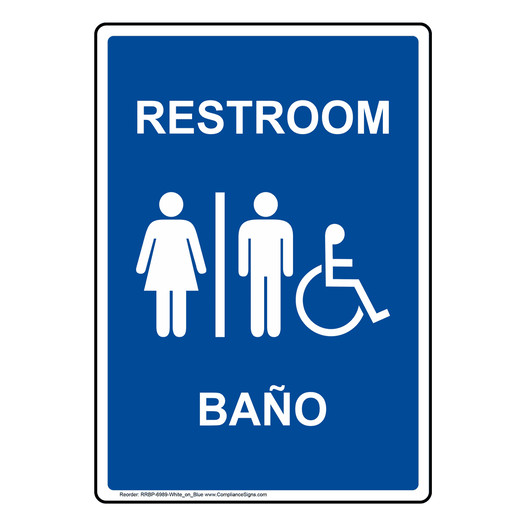 Portrait Blue Accessible RESTROOM - BAÑO Sign With Symbol RRBP-6989-White_on_Blue