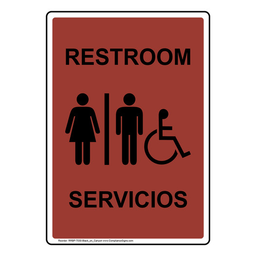 Portrait Canyon Accessible RESTROOM - SERVICIOS Sign With Symbol RRBP-7030-Black_on_Canyon