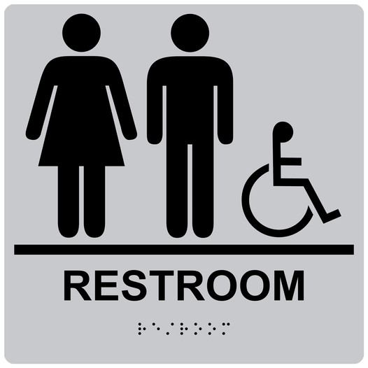 Square Silver ADA Braille Accessible RESTROOM Sign - RRE-120-99_Black_on_Silver