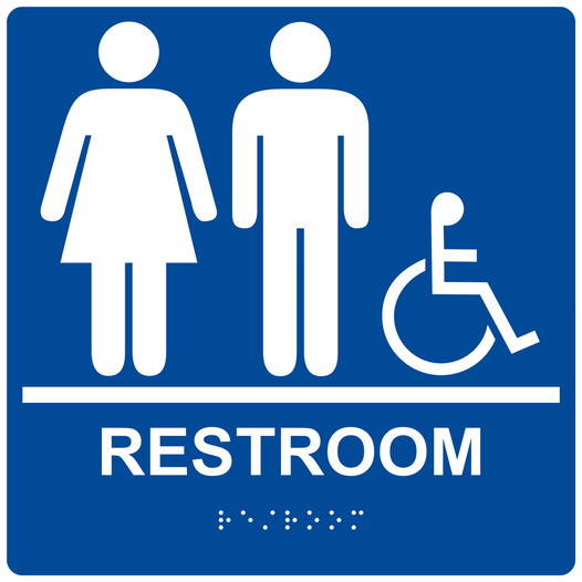 Square Blue ADA Braille Accessible RESTROOM Sign - RRE-120-99_White_on_Blue