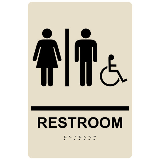Almond ADA Braille RESTROOM Sign With Accessible Symbol RRE-120_Black_on_Almond