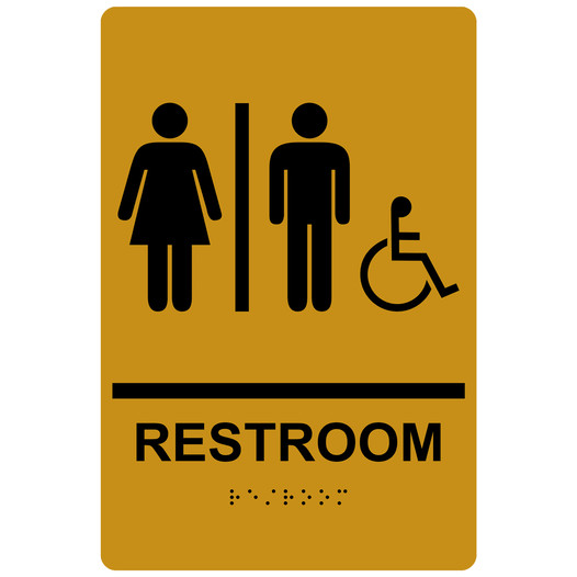 Gold ADA Braille RESTROOM Sign With Accessible Symbol RRE-120_Black_on_Gold