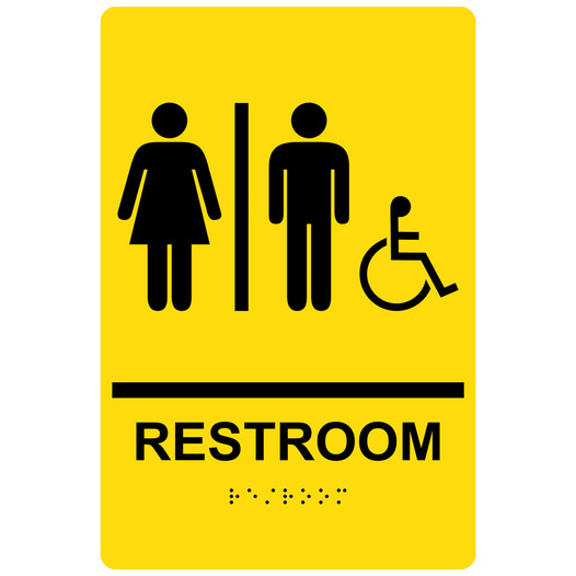 Yellow ADA Braille RESTROOM Sign With Accessible Symbol RRE-120_Black_on_Yellow