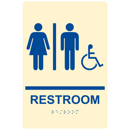 Ivory ADA Braille RESTROOM Sign With Accessible Symbol RRE-120_Blue_on_Ivory
