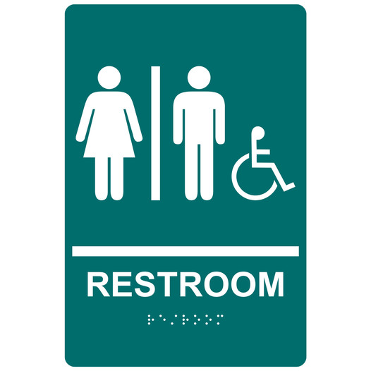 Bahama Blue ADA Braille RESTROOM Sign With Accessible Symbol RRE-120_White_on_BahamaBlue