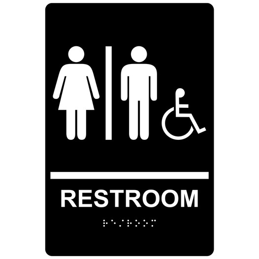 Black ADA Braille RESTROOM Sign With Accessible Symbol RRE-120_White_on_Black