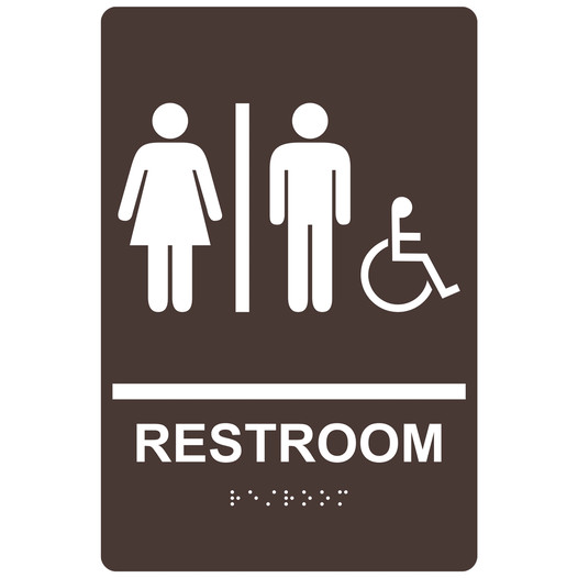Dark Brown ADA Braille RESTROOM Sign With Accessible Symbol RRE-120_White_on_DarkBrown