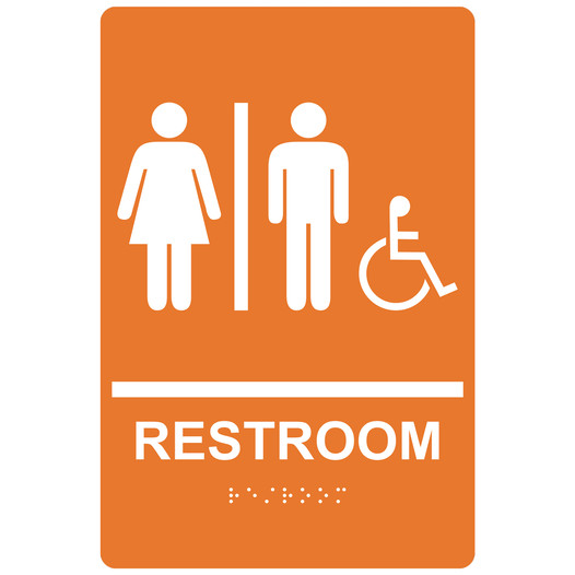 Orange ADA Braille RESTROOM Sign With Accessible Symbol RRE-120_White_on_Orange