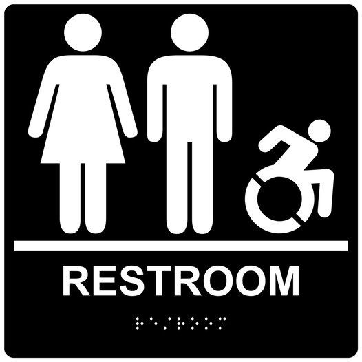 Square Black Braille RESTROOM Sign with Dynamic Accessibility Symbol - RRE-120R-99_White_on_Black