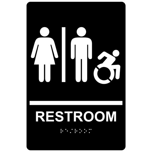 Black Braille RESTROOM Sign with Dynamic Accessibility Symbol RRE-120R_White_on_Black
